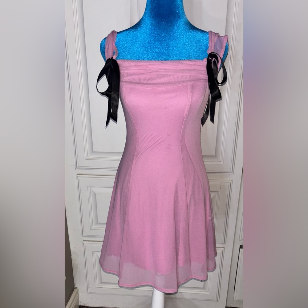 Kimchi Blue Pink Midi Dress with Black Ribbon Straps